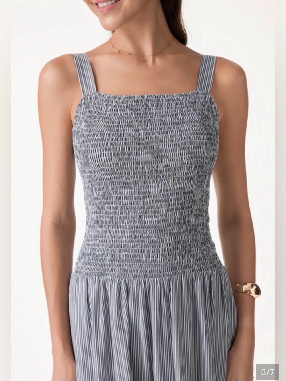 OGL Gray Smocked Square-Neck Striped Midi Dress - Picture 2 of 8